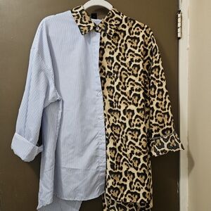 SHEIN Blue Striped & Leopard Print HiLo Blouse